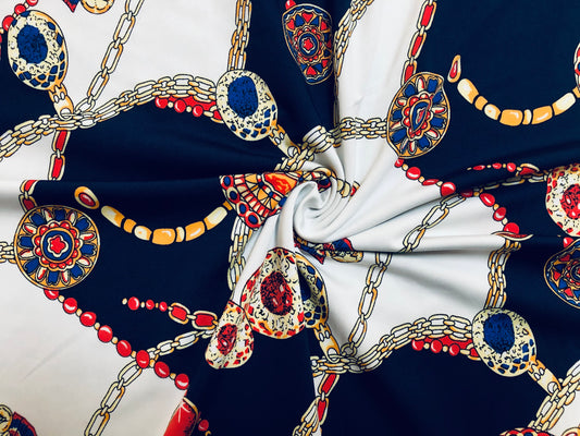 DTY Non-Brushed Fabric-Ivory Navy Blue Red Golden Chains-DTYNBPR231-Sold by the Yard-Spandex Fabric