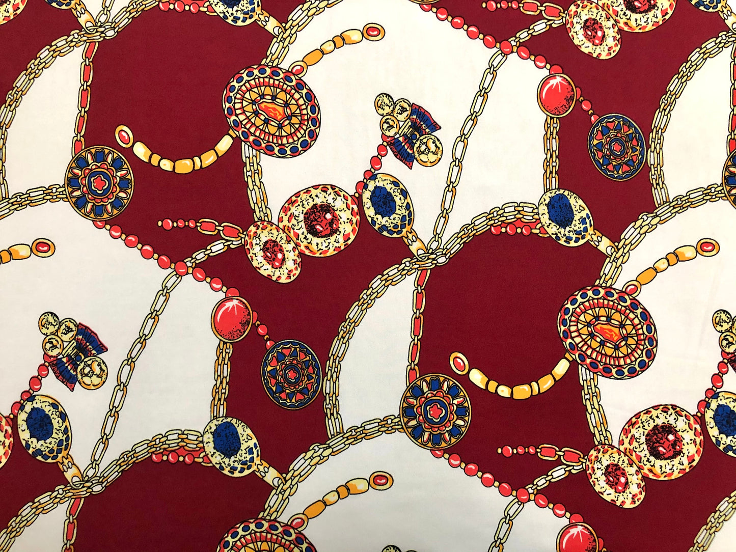 Ivory Burgundy Red Golden Chains DTY Non-Brushed Jersey Print Fabric