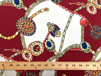 Ivory Burgundy Red Golden Chains DTY Non-Brushed Jersey Print Fabric