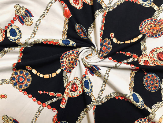 DTY Non-Brushed Fabric-Ivory Black Red Golden Chains-DTYNBPR229-Sold by the Yard-Spandex Fabric