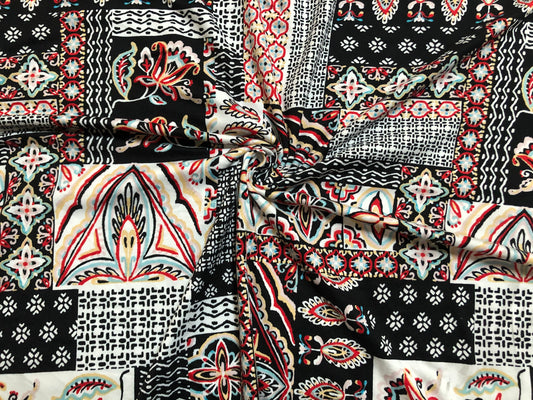 DTY Brushed Fabric-Ivory Black Red Arabic Mosaics-DTYBPR238-Sold by the Yard-Jersey Fabric