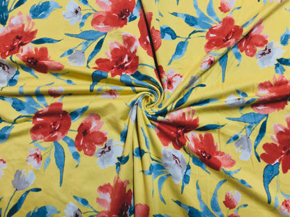 Yellow Red Blue Flowers DTY Double Brushed Jersey Print Fabric