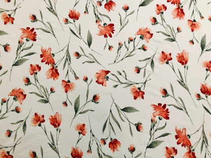 Ivory Red Green Flowers DTY Double Brushed Jersey Print Fabric