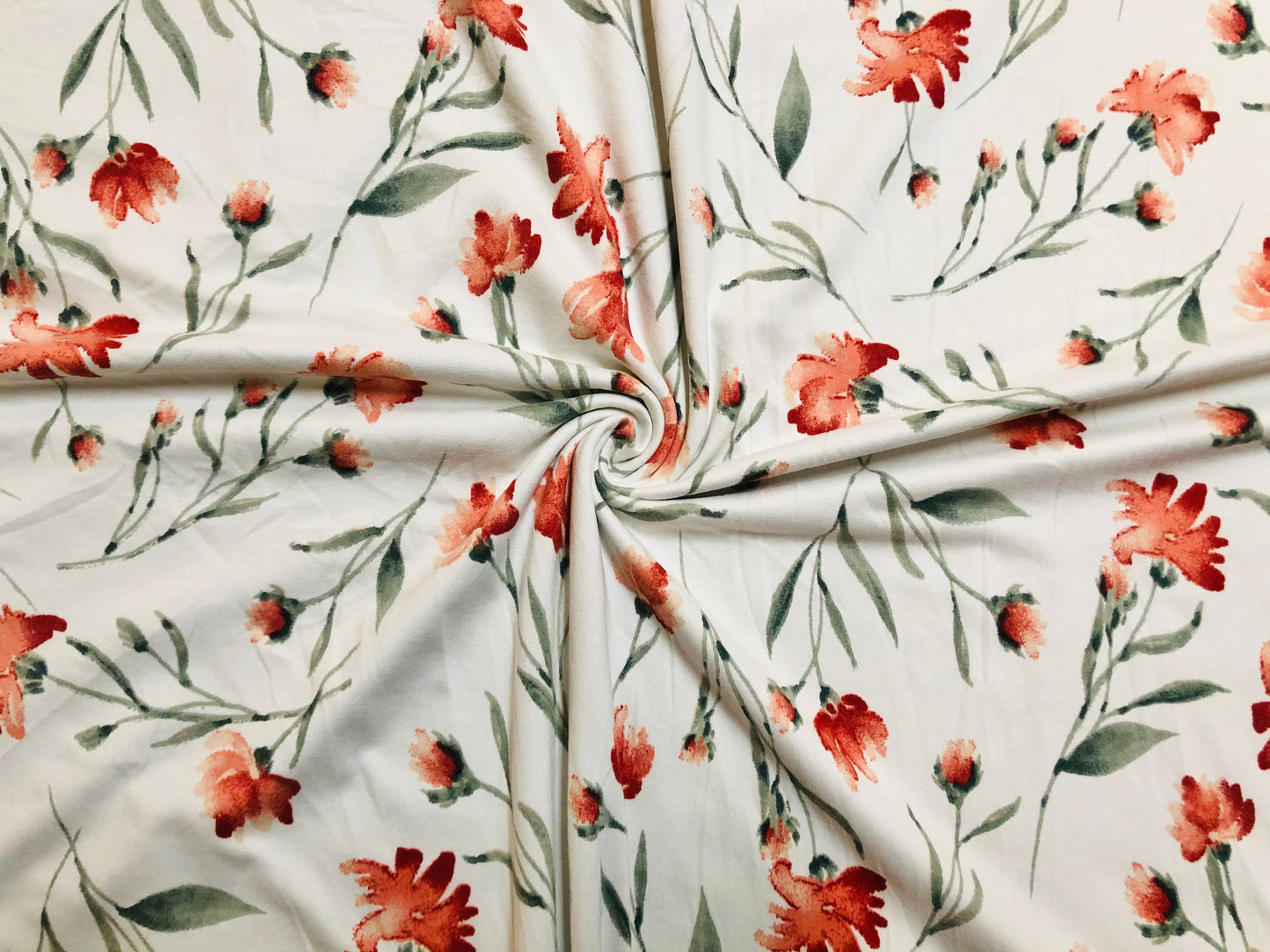 Ivory Red Green Flowers DTY Double Brushed Jersey Print Fabric