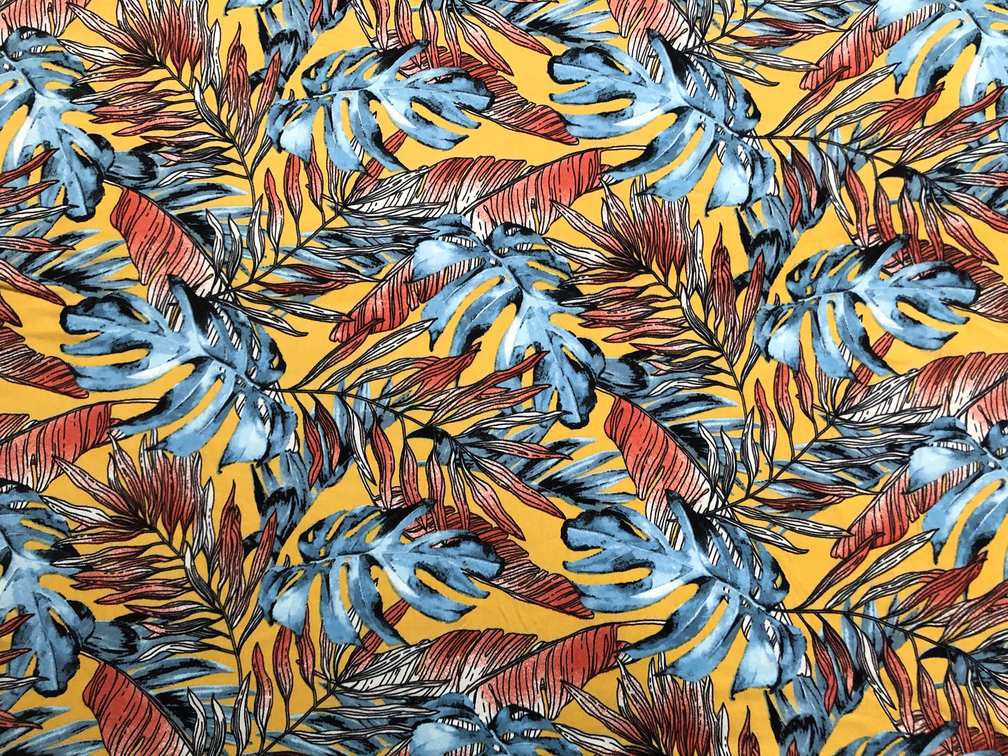 Yellow Blue Red Palm Leaves DTY Double Brushed Jersey Print Fabric