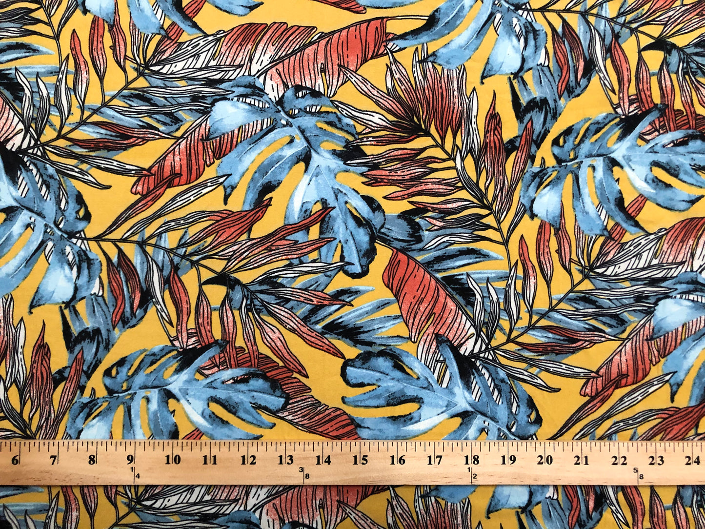 Yellow Blue Red Palm Leaves DTY Double Brushed Jersey Print Fabric