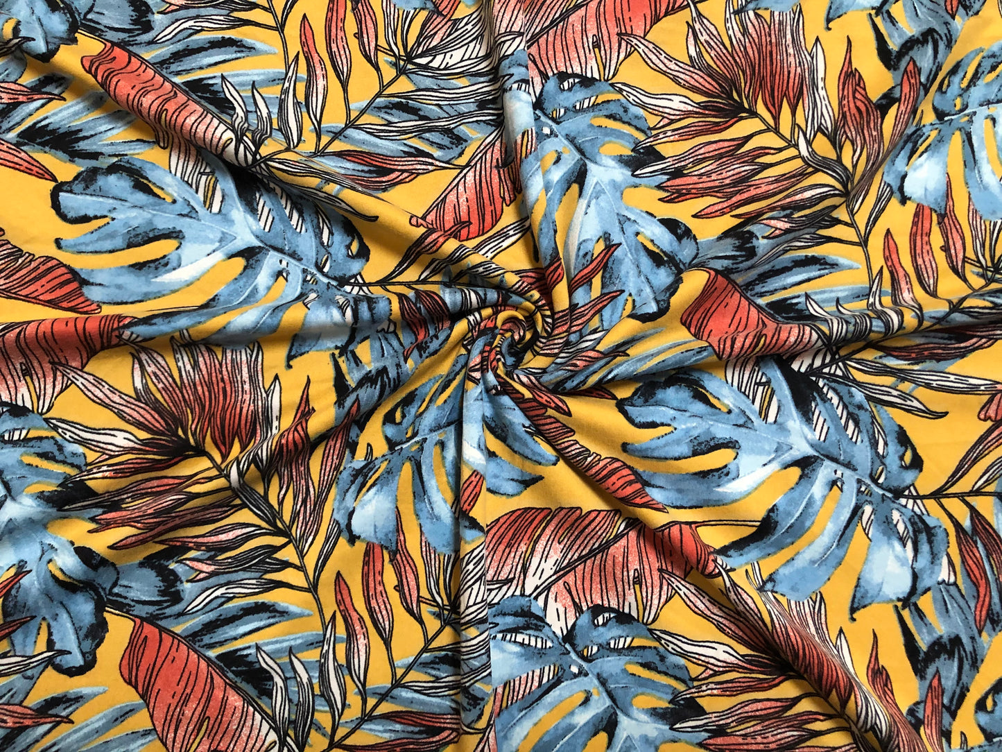 Yellow Blue Red Palm Leaves DTY Double Brushed Jersey Print Fabric