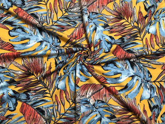 DTY Brushed Fabric-Yellow Blue Red Palms-DTYBPR259-Sold by the Yard-Jersey Fabric