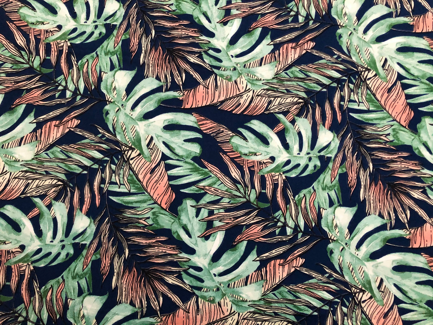 Navy Green Pink Palm Leaves DTY Double Brushed Jersey Print Fabric