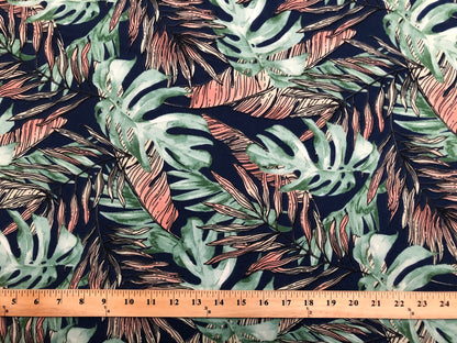 Navy Green Pink Palm Leaves DTY Double Brushed Jersey Print Fabric