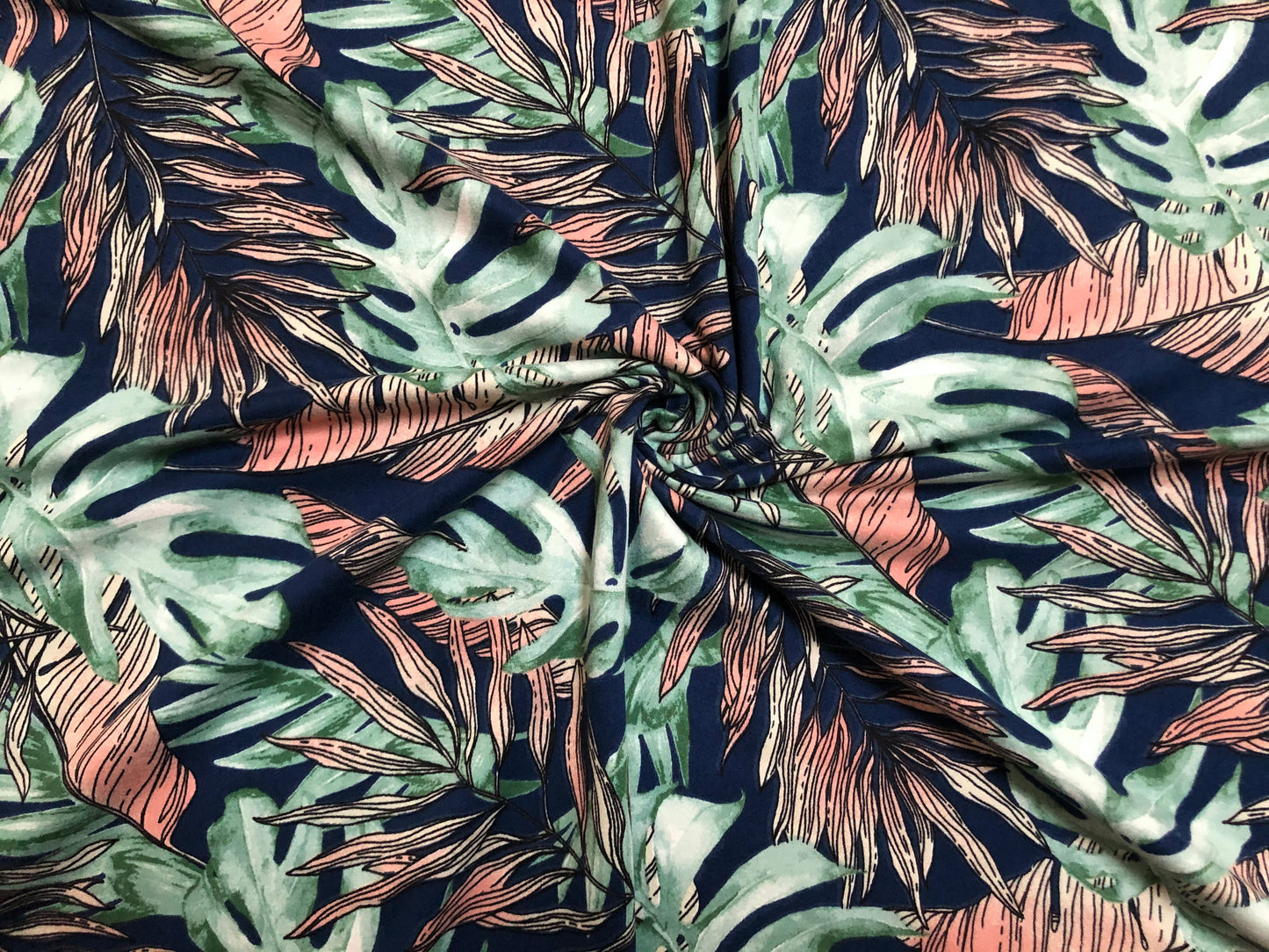 Navy Green Pink Palm Leaves DTY Double Brushed Jersey Print Fabric