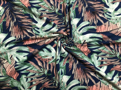 Navy Green Pink Palm Leaves DTY Double Brushed Jersey Print Fabric