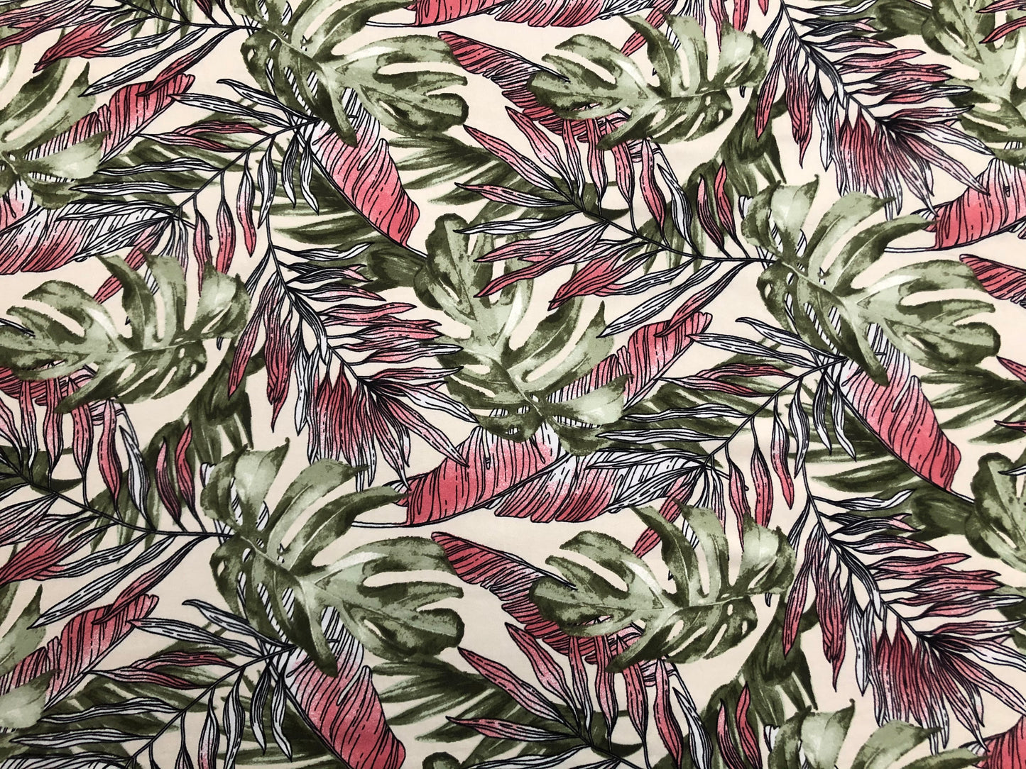 Vanilla Olive Red Palm Leaves DTY Double Brushed Jersey Print Fabric