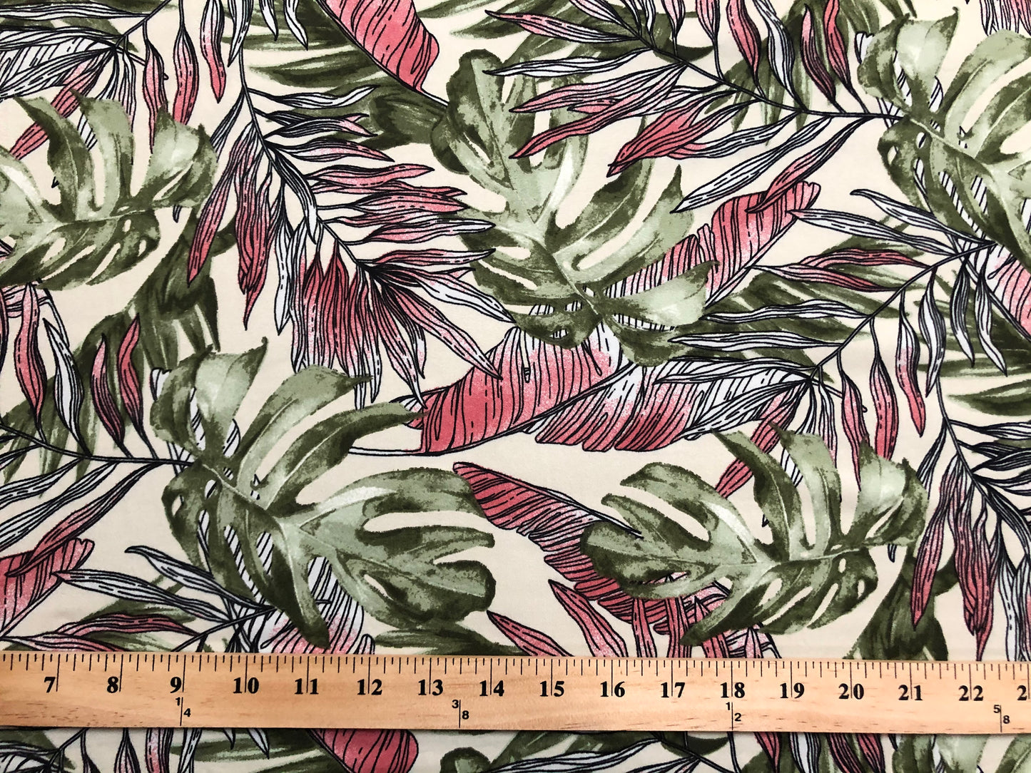 Vanilla Olive Red Palm Leaves DTY Double Brushed Jersey Print Fabric