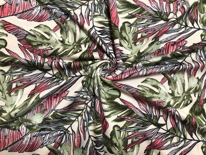 Vanilla Olive Red Palm Leaves DTY Double Brushed Jersey Print Fabric