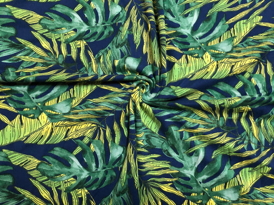 DTY Brushed Fabric-Navy Blue Green Yellow Palms-DTYBPR258-Sold by the Yard-Jersey Fabric