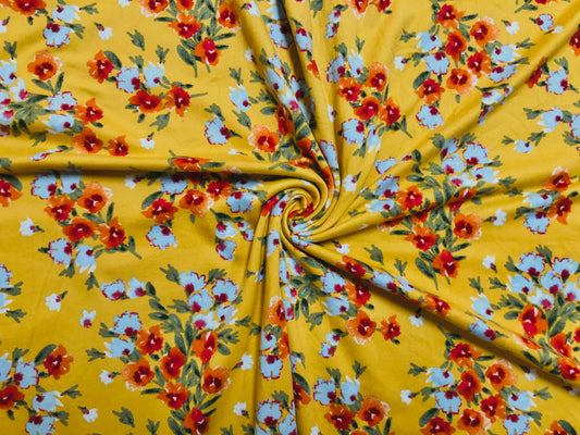 DTY Brushed Fabric-Mustard Blue Orange Red Flowers-DTYBPR244-Sold by the Yard-Jersey Fabric