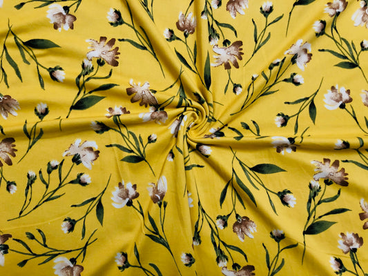 DTY Brushed Fabric-Yellow Brown Taupe Flowers-DTYBPR245-Sold by the Yard-Jersey Fabric