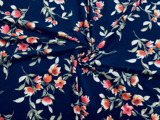 DTY Brushed Fabric-Navy Blue Orange Pink Winter Flowers-DTYBPR254-Sold by the Yard-Jersey Fabric