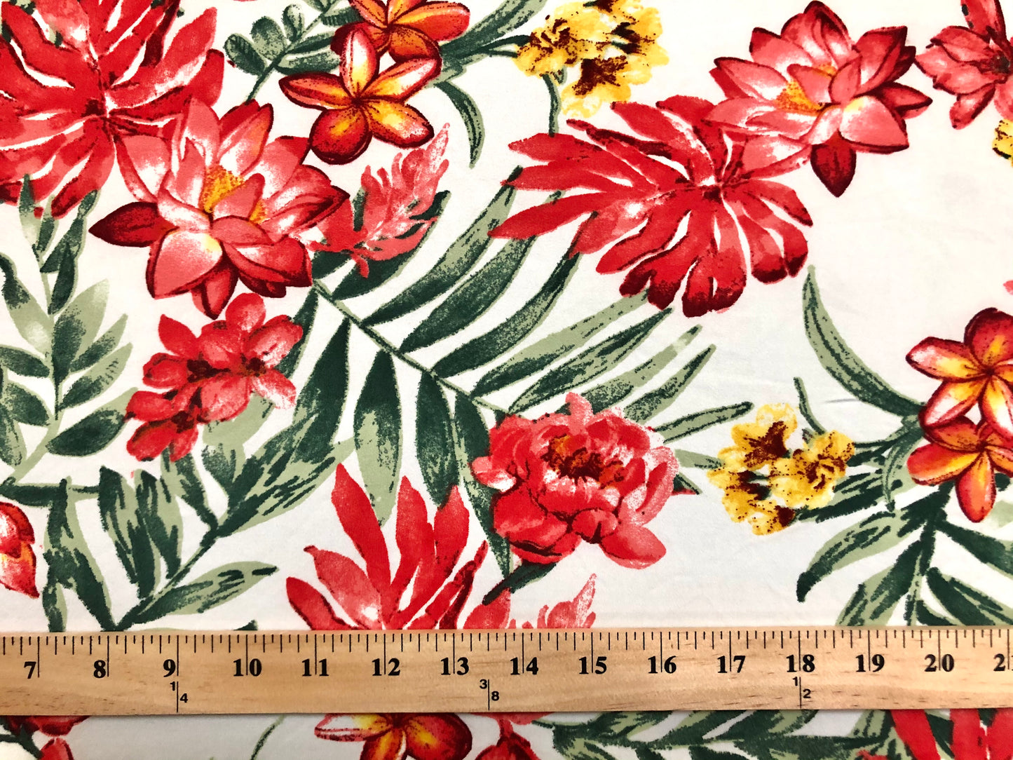 Ivory Red Green Yellow Flowers DTY Double Brushed Jersey Print Fabric