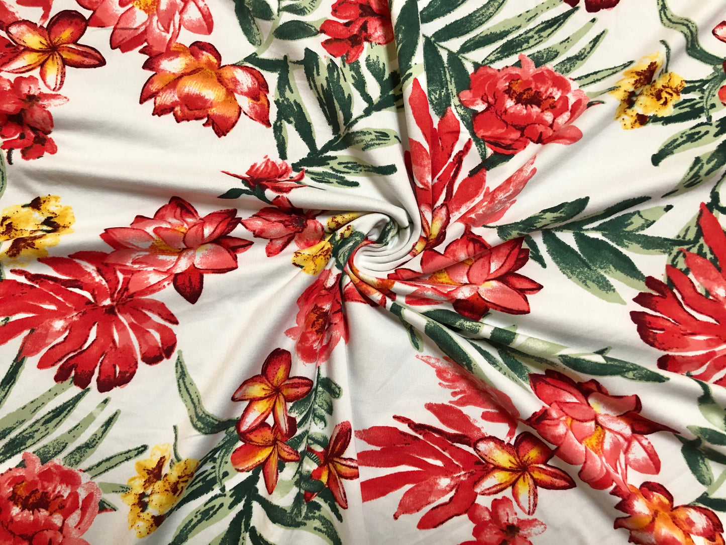 Ivory Red Green Yellow Flowers DTY Double Brushed Jersey Print Fabric