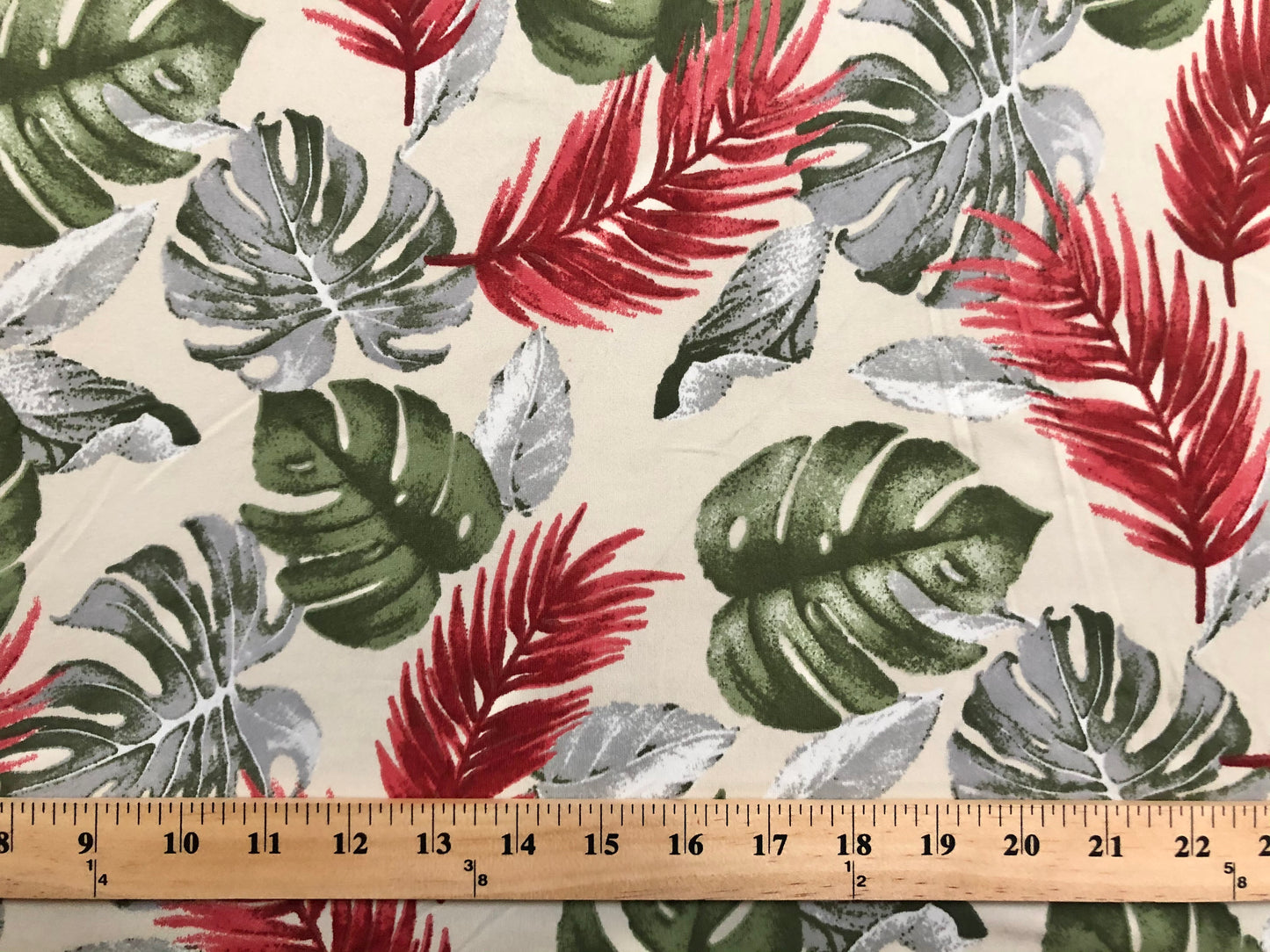 DTY Brushed Fabric-Vanilla Red Green Silver Palms-DTYBPR257-Sold by the Yard-Jersey Fabric