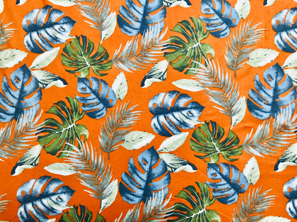 Orange Blue Green Palm Leaves DTY Double Brushed Jersey Print Fabric