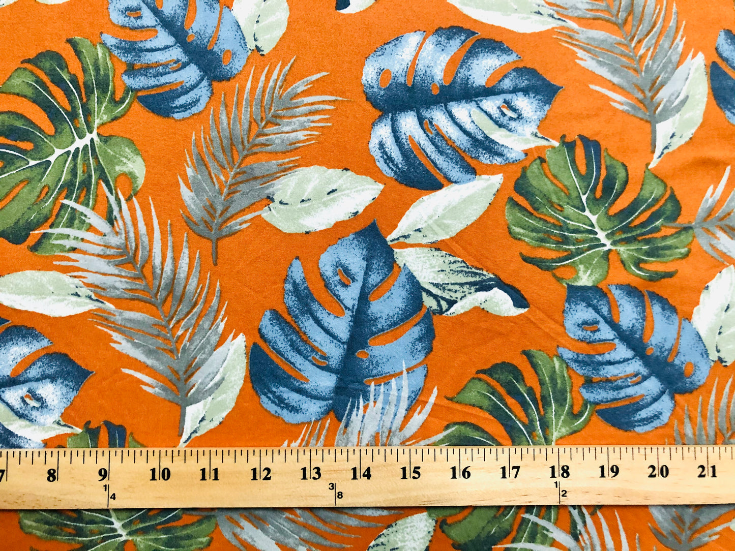 Orange Blue Green Palm Leaves DTY Double Brushed Jersey Print Fabric