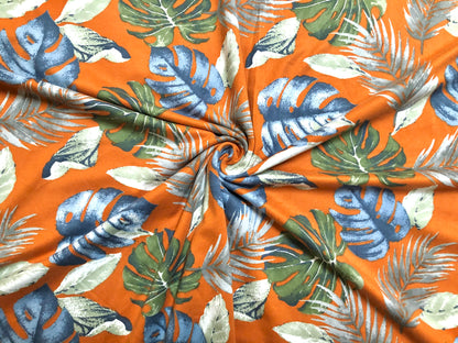 Orange Blue Green Palm Leaves DTY Double Brushed Jersey Print Fabric