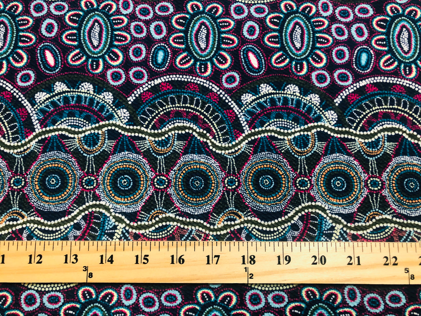 Bullet Knit Printed Fabric-Navy Blue Olive Mayan Symbols-BPR218-Sold by the Yard