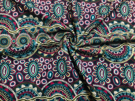Bullet Knit Printed Fabric-Navy Blue Olive Mayan Symbols-BPR218-Sold by the Yard