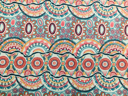 Bullet Knit Printed Fabric-Ivory Yellow Teal Mayan Symbols-BPR217-Sold by the Yard