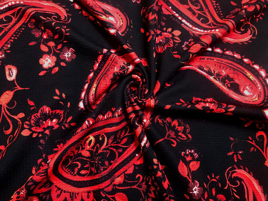 Bullet Knit Printed Fabric-Black Red Paisleys-BPR241-Sold by the Yard