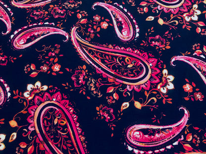 Bullet Knit Printed Fabric-Navy Blue Magenta Pink Paisleys-BPR240-Sold by the Yard