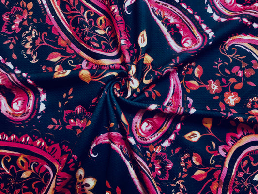 Bullet Knit Printed Fabric-Navy Blue Magenta Pink Paisleys-BPR240-Sold by the Yard