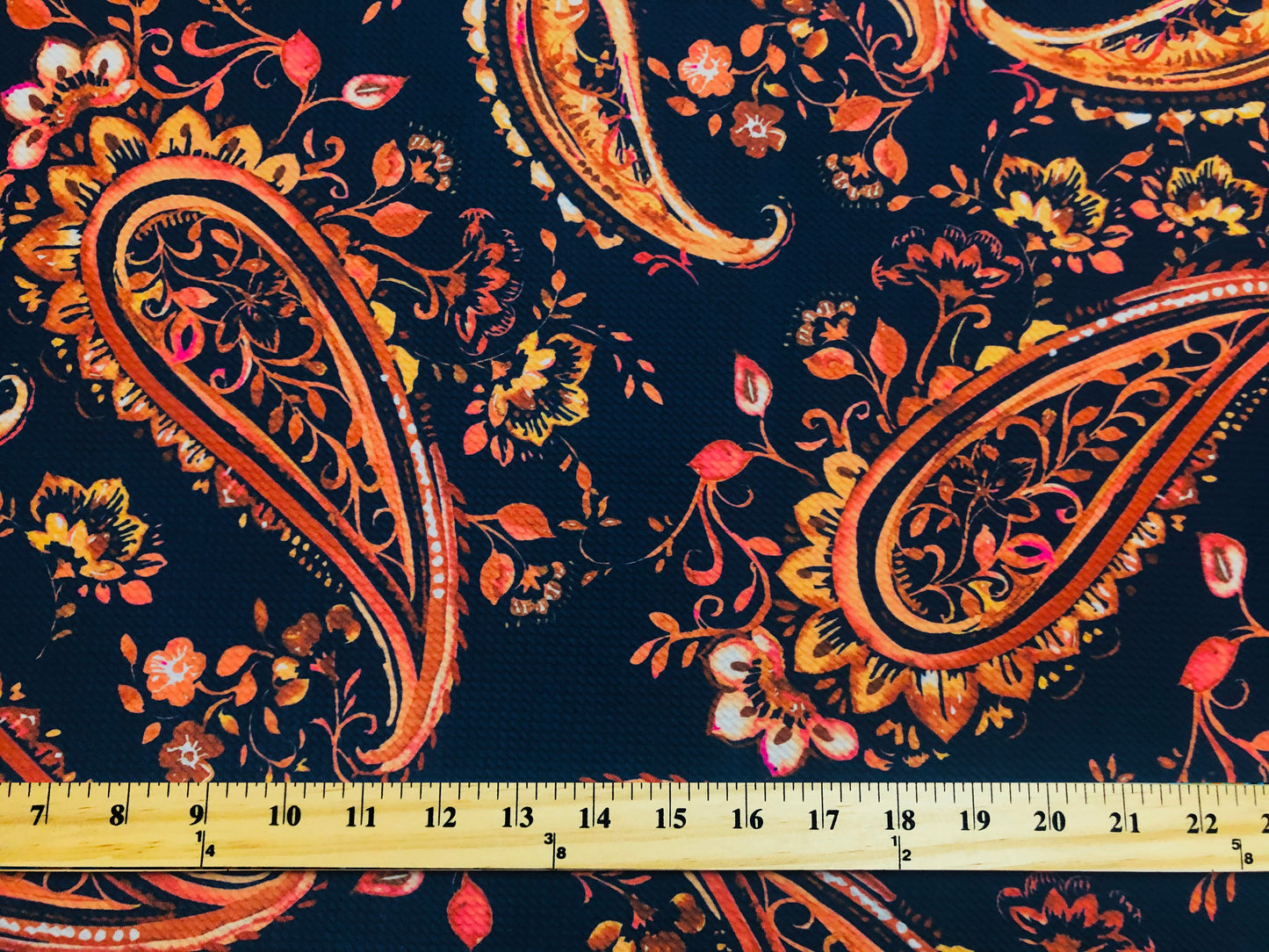 Bullet Knit Printed Fabric-Navy Blue Rust Orange Paisleys-BPR239-Sold by the Yard