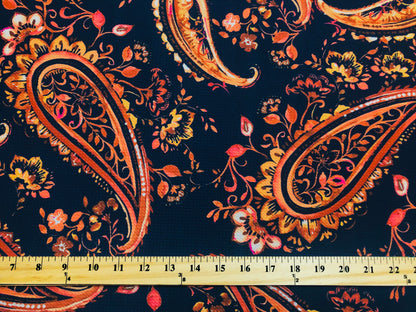 Bullet Knit Printed Fabric-Navy Blue Rust Orange Paisleys-BPR239-Sold by the Yard