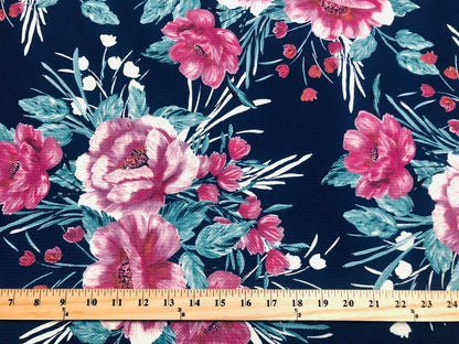 Bullet Knit Printed Fabric-Navy Blue Magenta Carnations-BPR228-Sold by the Yard