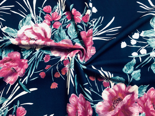 Bullet Knit Printed Fabric-Navy Blue Magenta Carnations-BPR228-Sold by the Yard