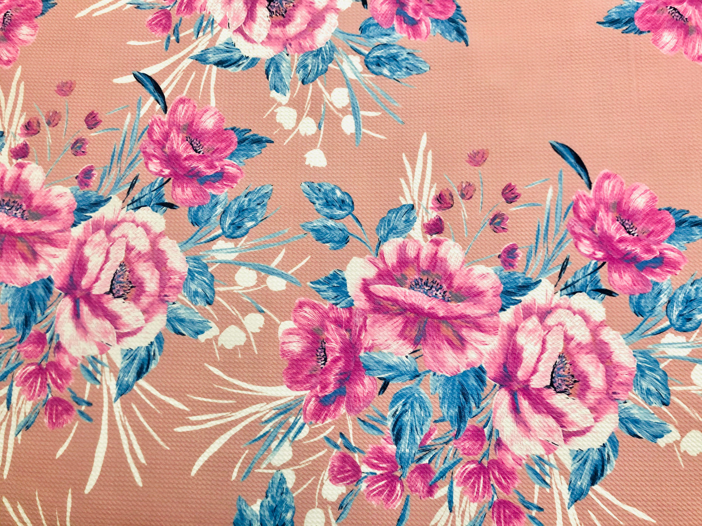 Bullet Knit Printed Fabric-Peach Magenta Blue Carnations-BPR226-Sold by the Yard