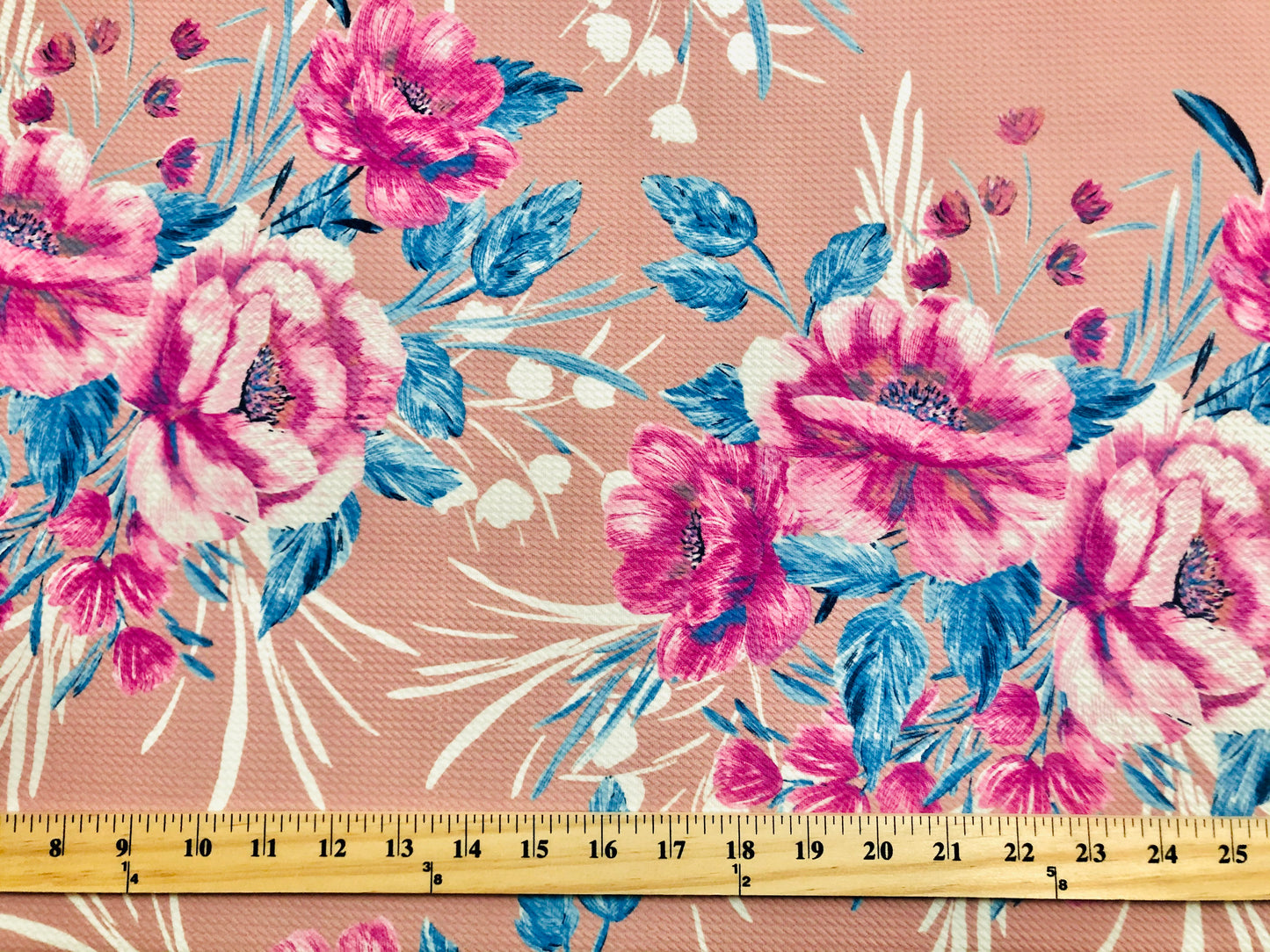 Bullet Knit Printed Fabric-Peach Magenta Blue Carnations-BPR226-Sold by the Yard