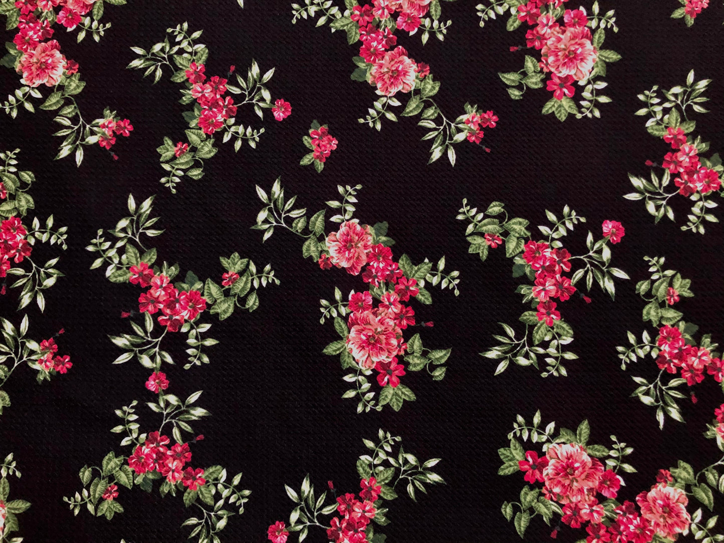 Bullet knit Printed Fabric-Black Red Spring Flowers-BPR224-Sold by the Yard