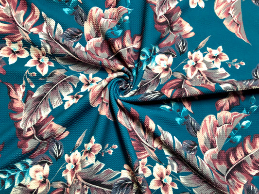 Bullet Knit Printed Fabric-Teal Marsala Gray Palms-BPR232-Sold by the Yard