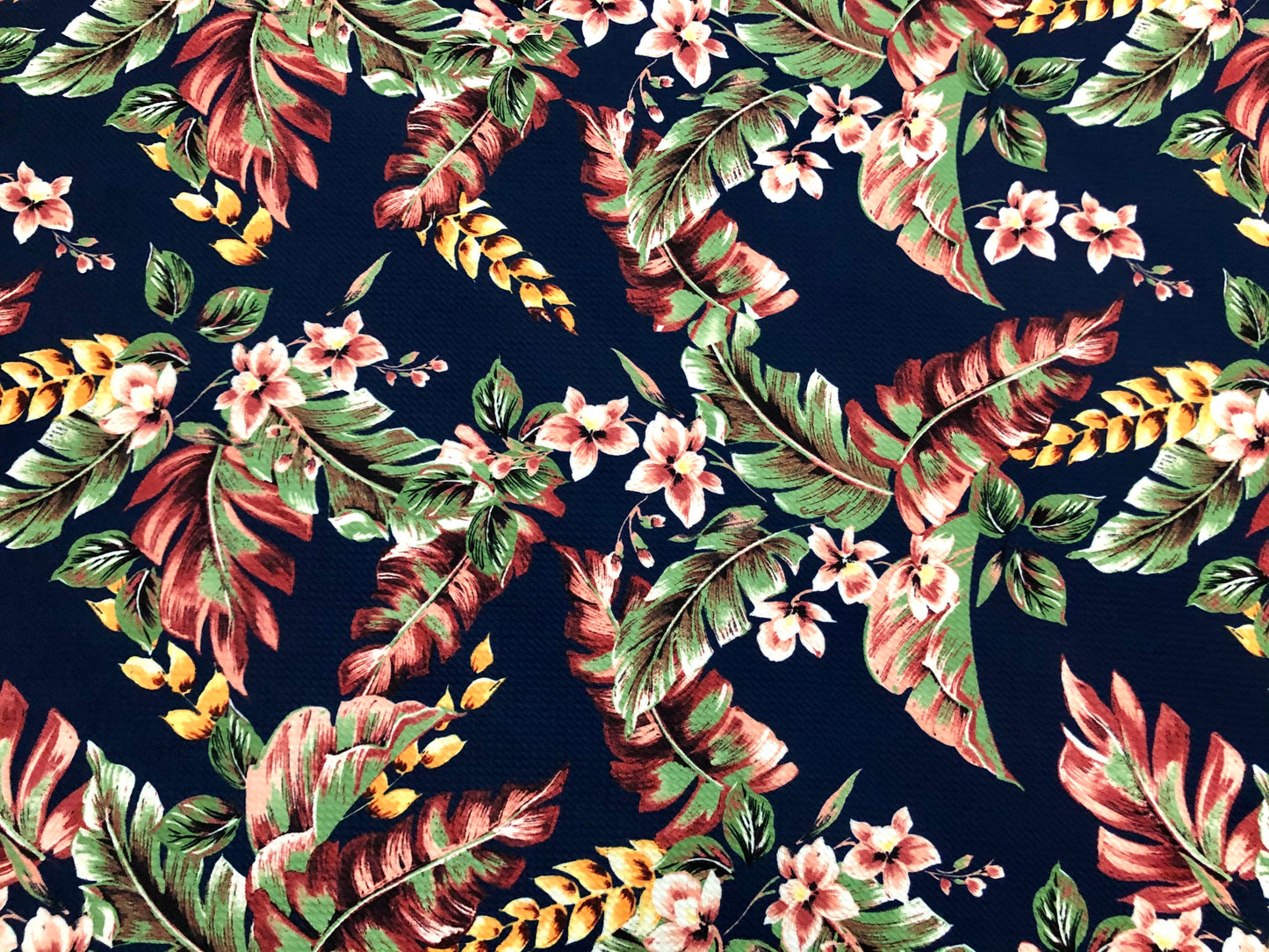 Bullet Knit Printed Fabric-Navy Blue Green Peach Palms-BPR233-Sold by the Yard