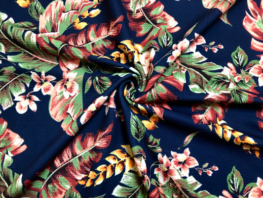Bullet Knit Printed Fabric-Navy Blue Green Peach Palms-BPR233-Sold by the Yard