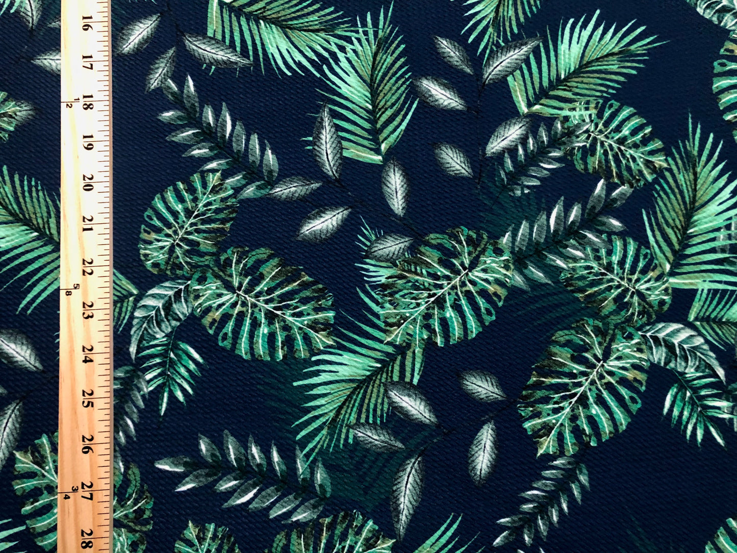 Bullet Knit Printed Fabric-Navy Blue Green Palms-BPR234-Sold by the Yard
