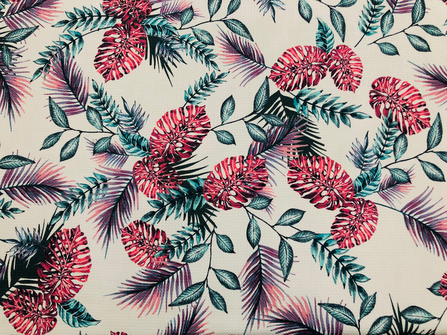 Bullet Knit Printed Fabric-Ivory Green Red Palms-BPR2300-Sold by the Yard