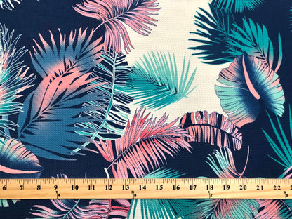 Bullet Knit Printed Fabric-Navy Blue Ivory Lavender Palms-BPR230-Sold by the Yard