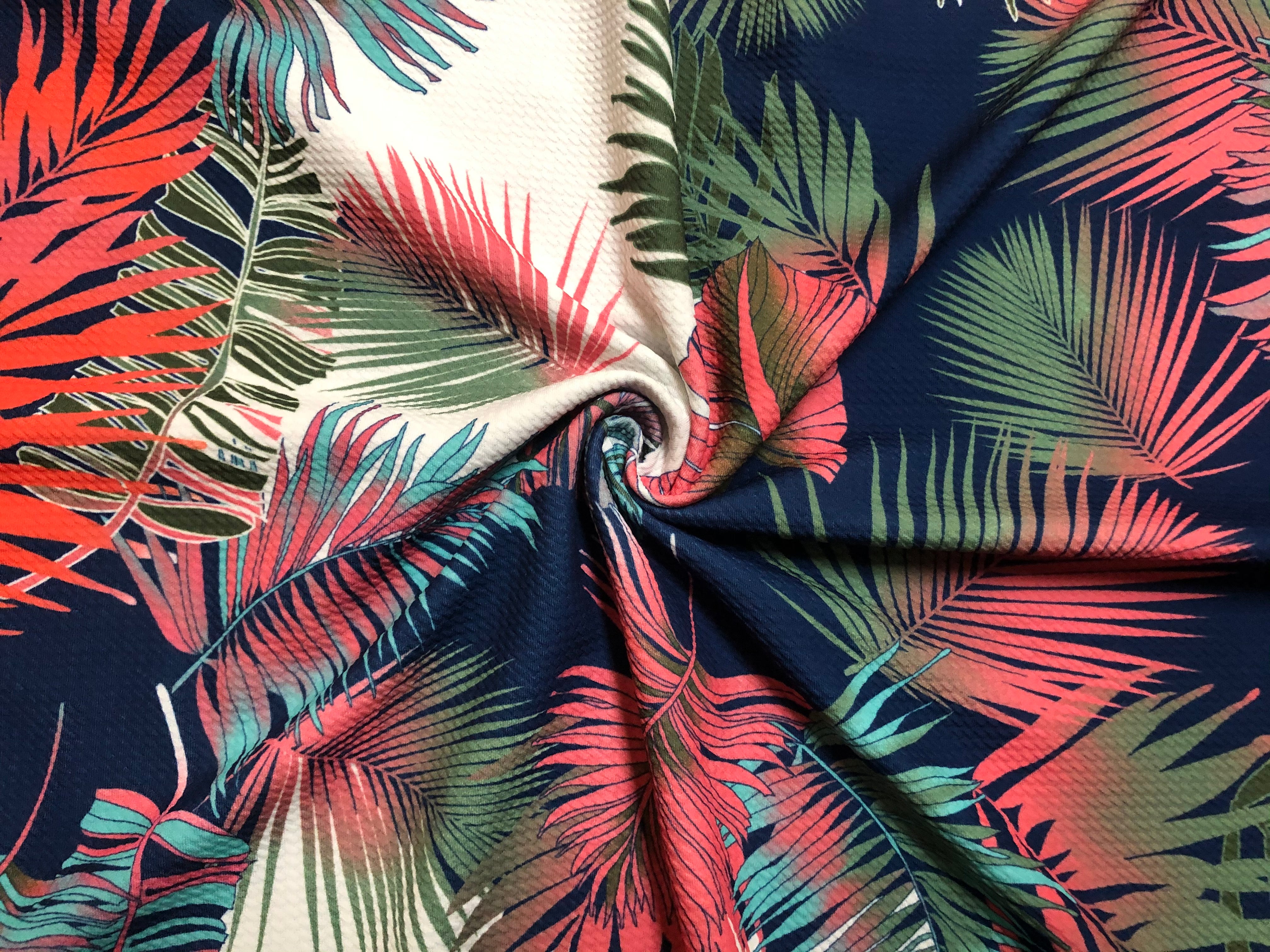 Florida Pattern Material Navy/Ivory/Coral Tropical Palm Leaf Bullet Knit Fabric – Textured 4 Wa ...