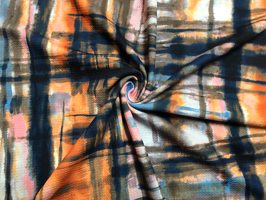 Bullet Knit Printed Fabric-Orange Navy Blue Plaid Tie Dye-BTDPR052-Sold by the Yard